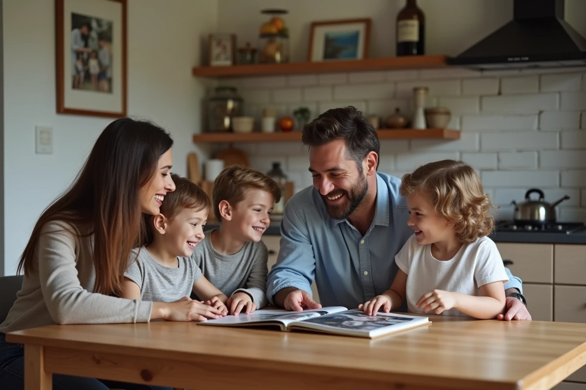Famille souriante regardant un album photo à la maison
