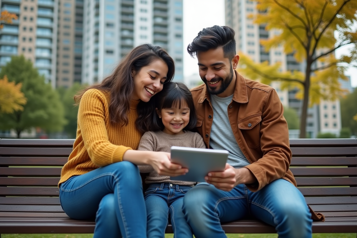 Famille hispanique moderne riant sur un banc de parc en ville