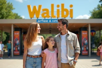 Famille souriante à l'entrée de Walibi RhôneAlpes