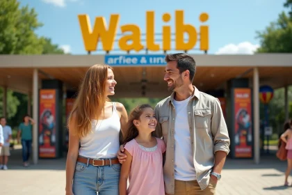 Famille souriante &agrave; l'entr&eacute;e de Walibi Rh&ocirc;neAlpes