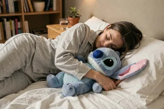 Femme adulte serrant une peluche Stitch contre elle dans son lit pour réduire le stress au coucher