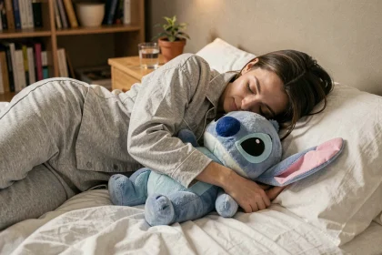 Femme adulte serrant une peluche Stitch contre elle dans son lit pour réduire le stress au coucher