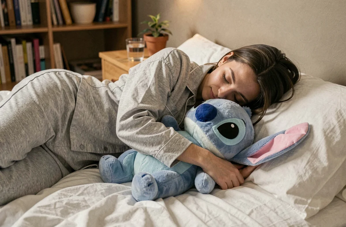 Femme adulte serrant une peluche Stitch contre elle dans son lit pour réduire le stress au coucher