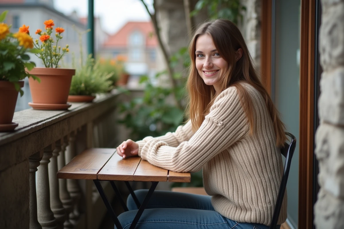 Femme souriante assise sur un balcon avec plantes et vue urbaine