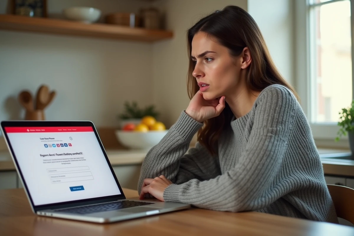 Femme adulte frustrée face à un bug de connexion sur le portail familles de Toulon depuis son ordinateur portable à la maison