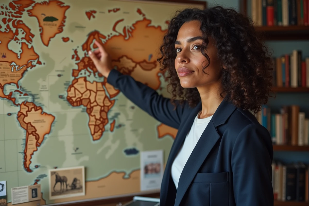 Femme devant une carte du monde et des documents généalogiques dans un bureau, évoquant la recherche des origines et l'héritage familial de Margot Haddad
