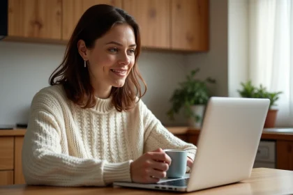 Femme utilisant un code promo sur un site de jouets en bois depuis son ordinateur portable à la cuisine