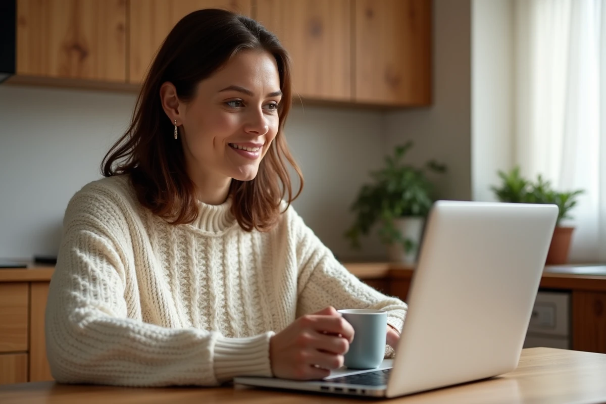 Femme utilisant un code promo sur un site de jouets en bois depuis son ordinateur portable à la cuisine