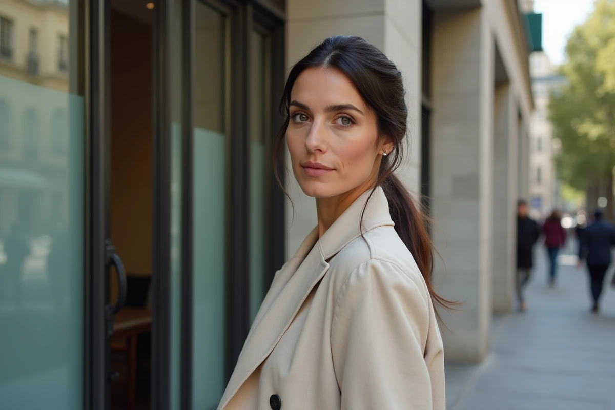 Femme élégante et discrète devant un immeuble parisien moderne, évoquant la compagne mystérieuse d'une célébrité française