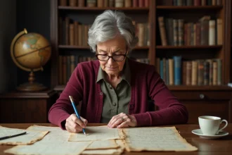 Femme étudiant des documents généalogiques anciens sur un bureau en bois, erreurs courantes en généalogie
