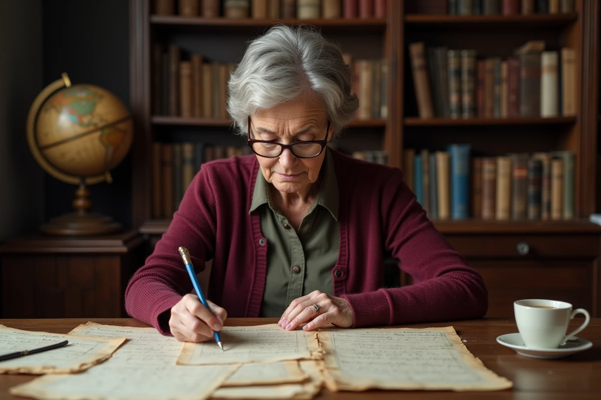 Femme étudiant des documents généalogiques anciens sur un bureau en bois, erreurs courantes en généalogie