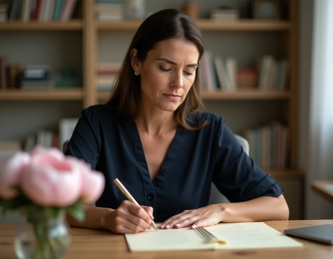 Femme rédigeant un message émouvant pour sa tante décédée avec des pivoines roses posées à côté