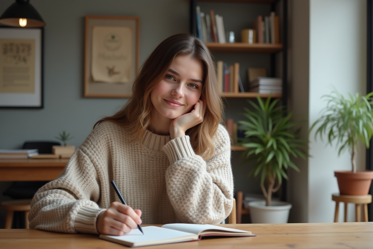 Jeune femme écrivant dans un carnet ambiance chaleureuse