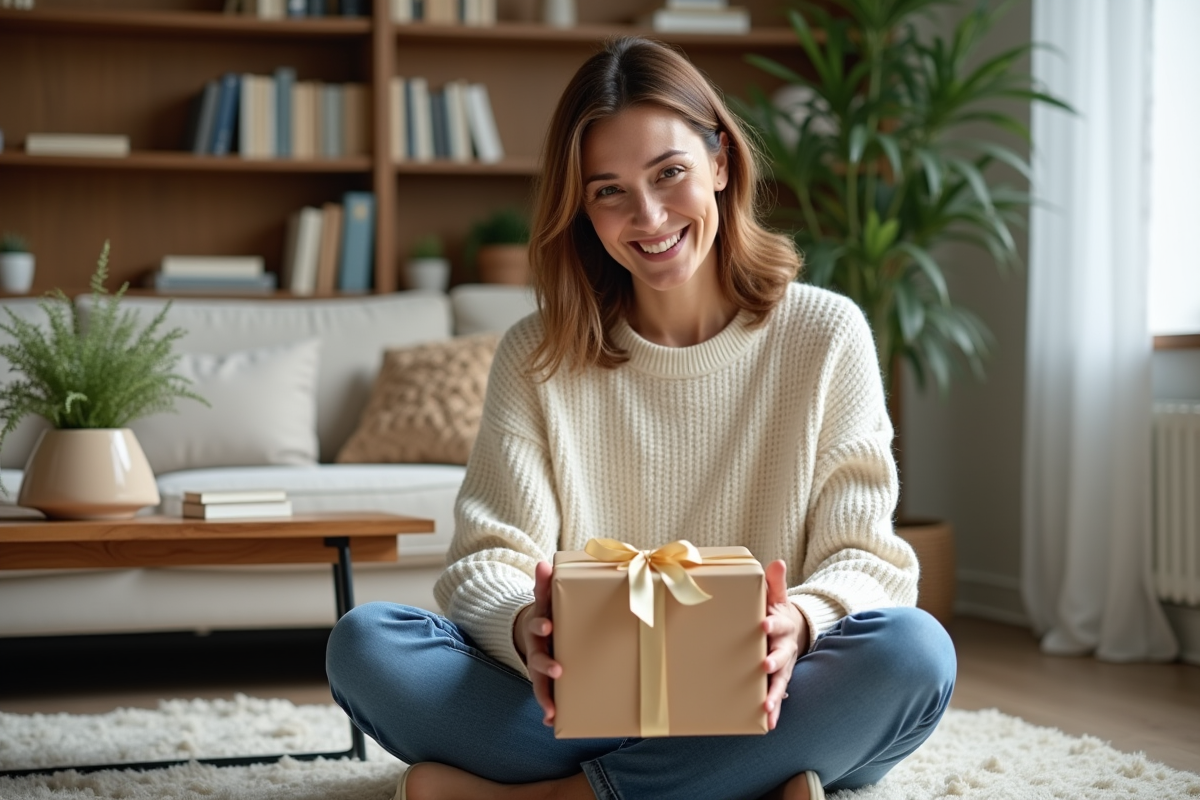 Femme souriante déballant un cadeau dans un salon chaleureux