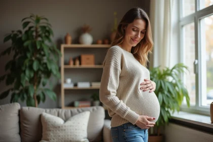 Femme enceinte posant près d'une fenêtre dans un salon cosy