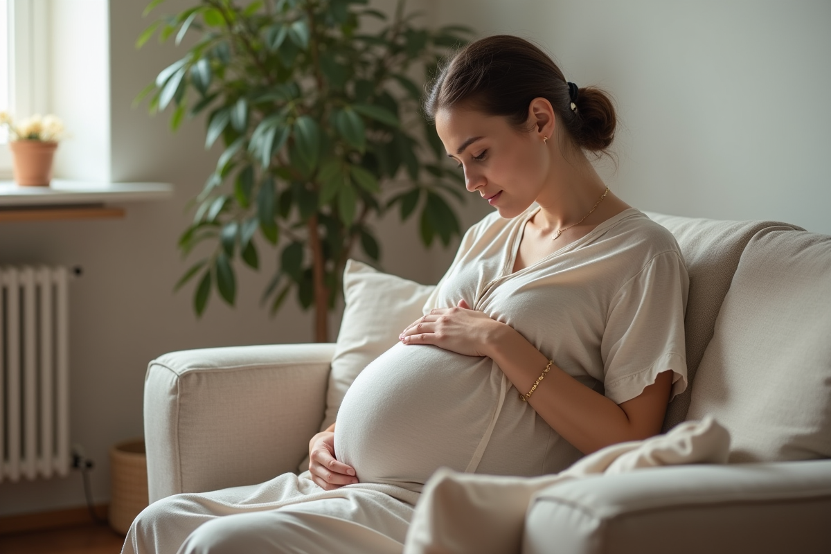 Femme enceinte assise sur un canapé lumineux et moderne