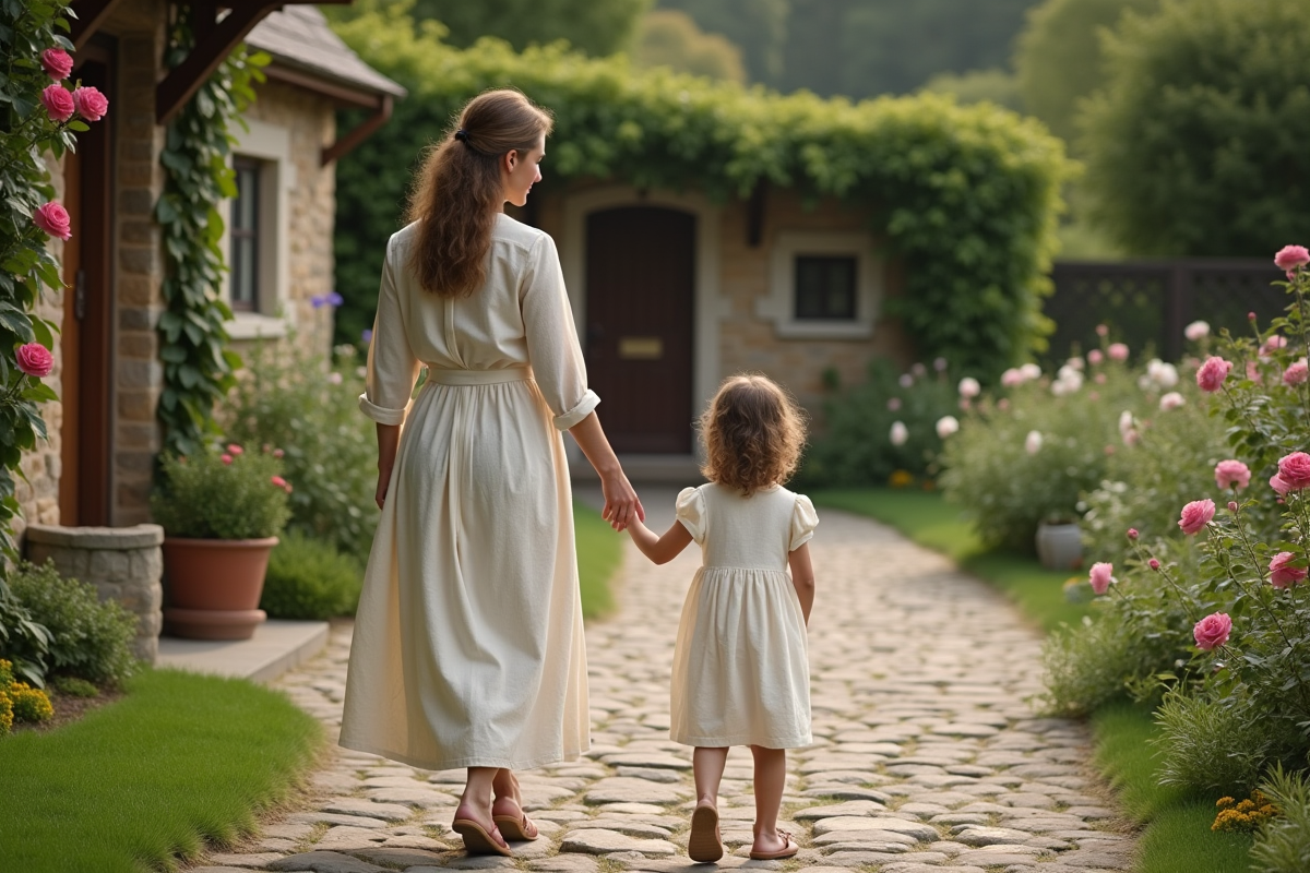 Femme et enfant dans un jardin de cottage fleuri