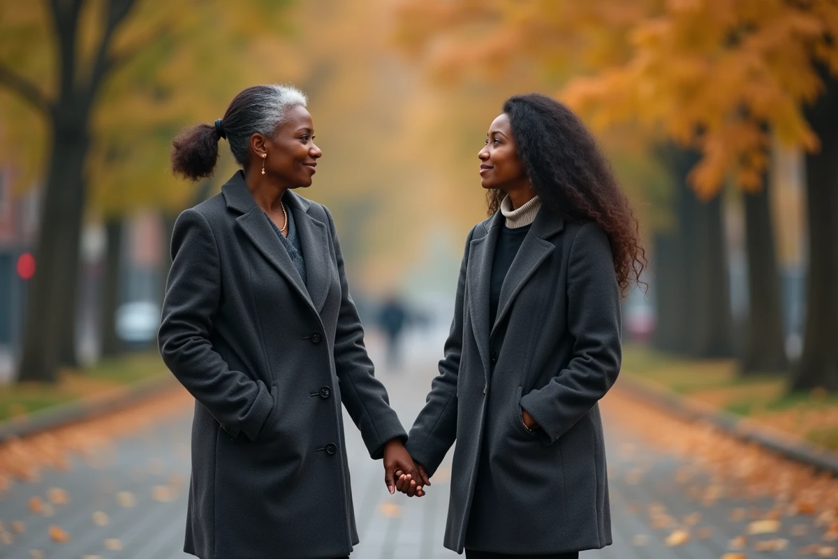 Femme noire distinguée et sa fille adulte marchant main dans la main sur une avenue parisienne en automne, symbole de force et de solidarité familiale
