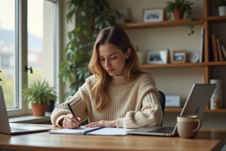 Femme en journal intime dans un bureau cosy