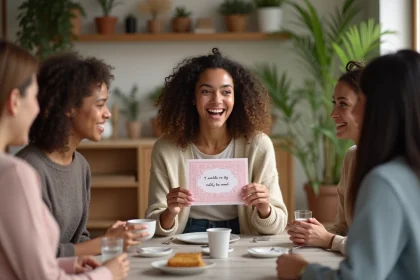 Femme souriante tenant une carte d&eacute;cor&eacute;e lors d'une r&eacute;union conviviale