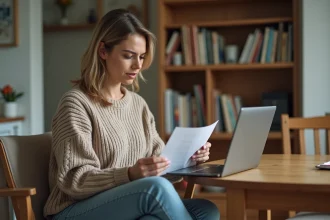 Femme lisant une lettre dans sa cuisine chaleureuse