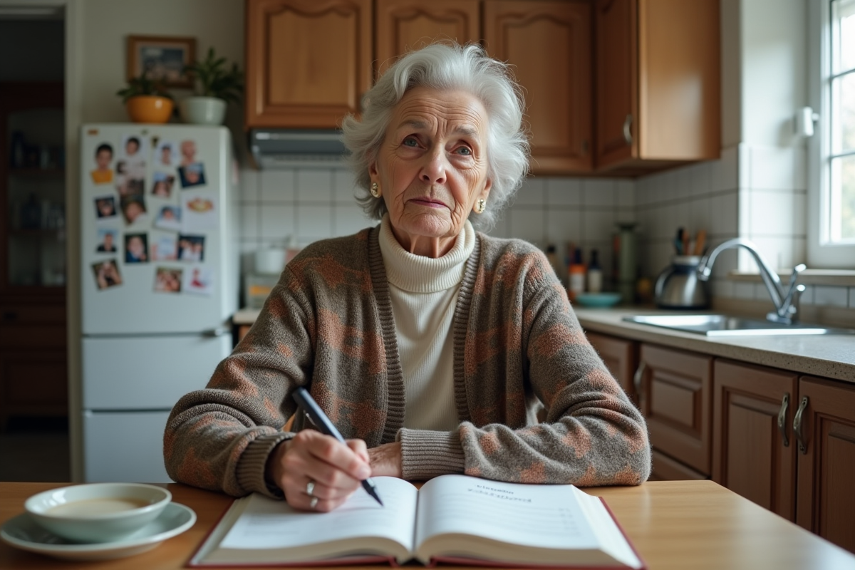 Femme âgée concentrée à lire un livre dans la cuisine