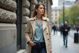 Femme en trench beige marche dans la ville moderne