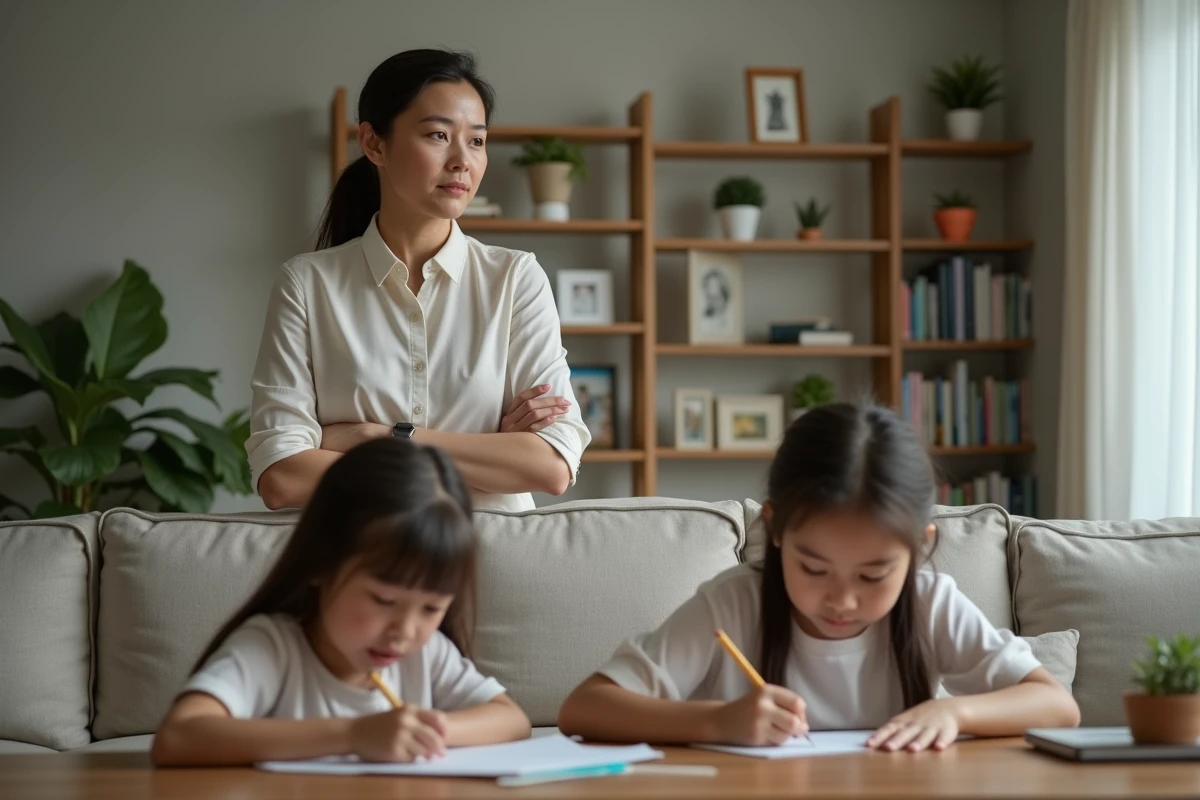Femme d'âge moyen surveillant sa fille faisant ses devoirs