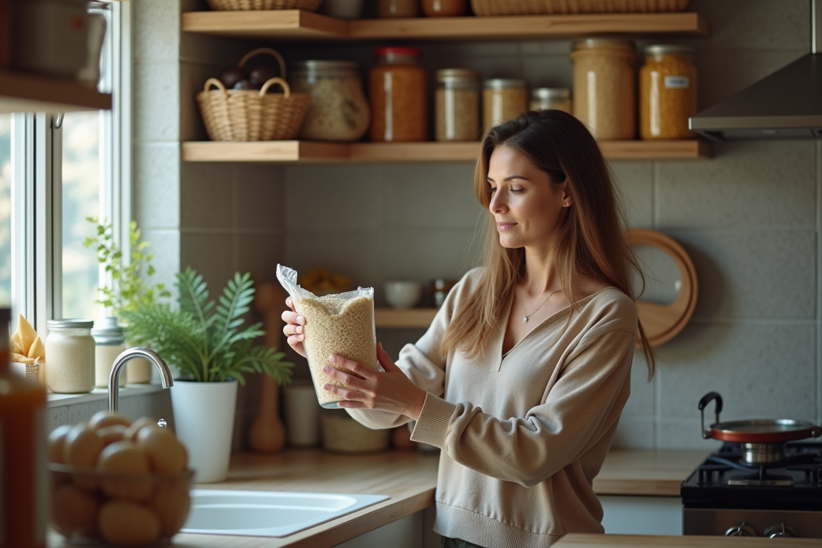 Femme organisée avec des conserves dans une cuisine moderne