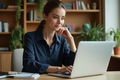 Femme curieuse cherchant des informations sur une personnalité publique sur son ordinateur portable