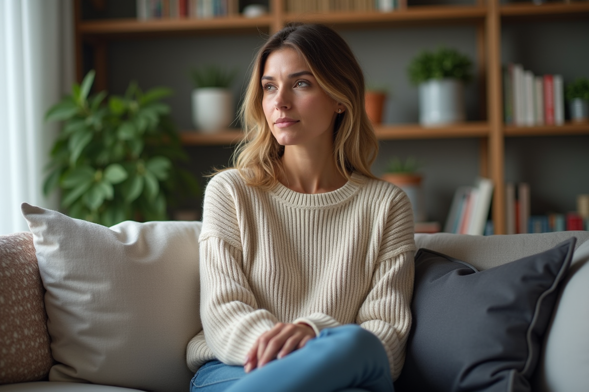 Femme discutant confortablement dans un salon moderne