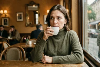 Femme seule dans un café parisien, regard mélancolique par la fenêtre sous la pluie, illustrant l'attente émotionnelle dans une relation avec un homme marié