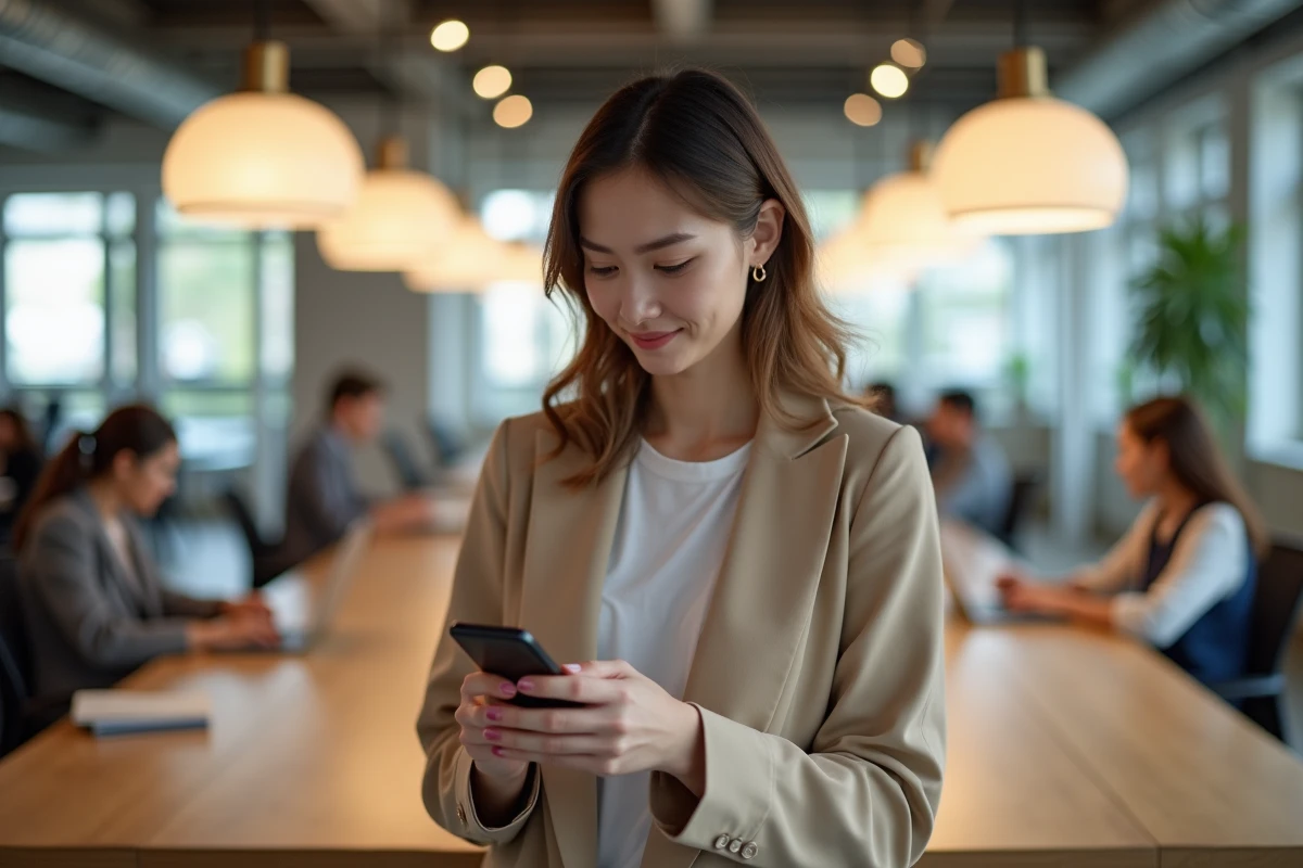 Femme consultant son téléphone dans un espace de coworking moderne avec une expression intriguée