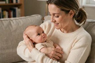 Femme tenant dans ses bras un bébé reborn réaliste en silicone avec des détails de peau hyper-réalistes, dans un salon cosy aux tons neutres