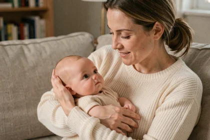 Femme tenant dans ses bras un bébé reborn réaliste en silicone avec des détails de peau hyper-réalistes, dans un salon cosy aux tons neutres