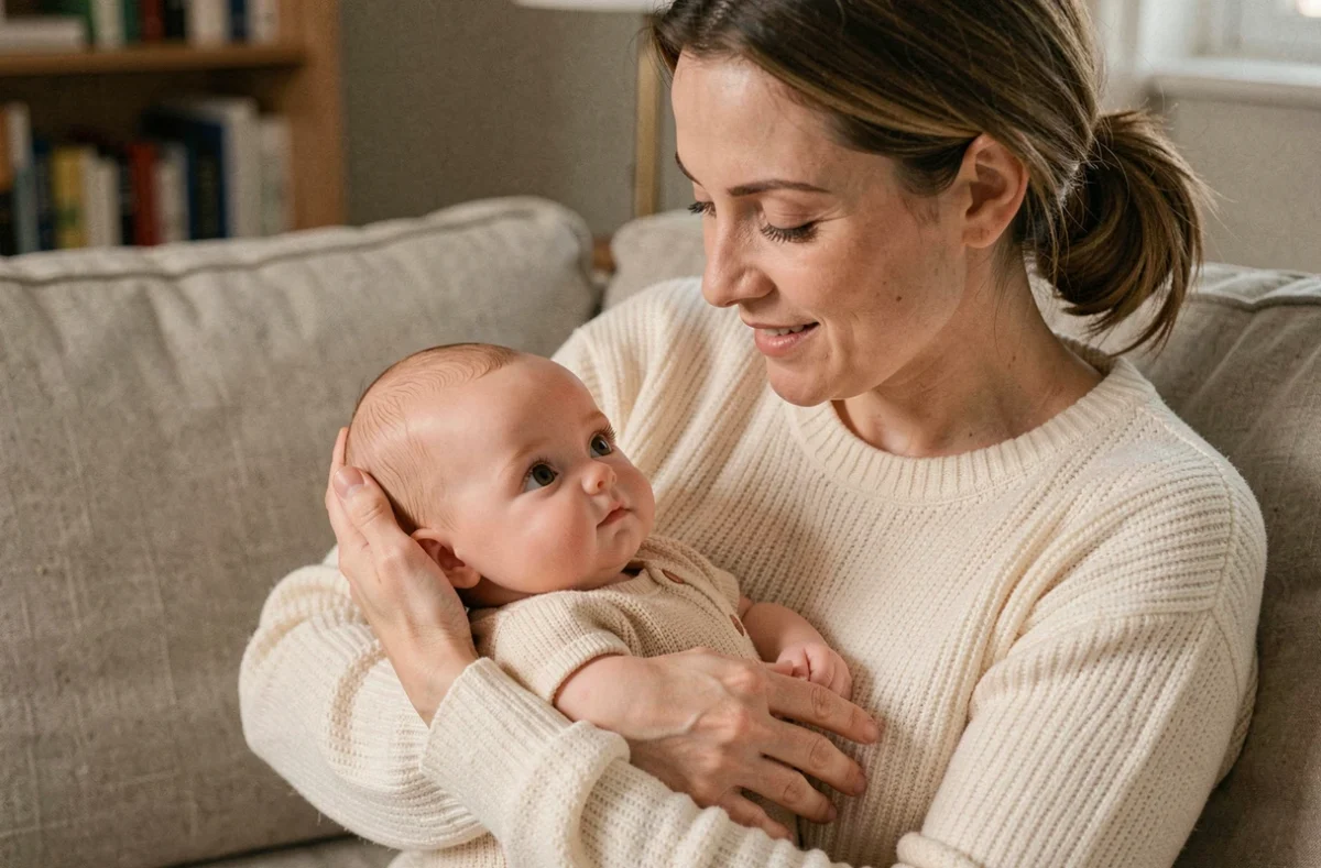 Femme tenant dans ses bras un bébé reborn réaliste en silicone avec des détails de peau hyper-réalistes, dans un salon cosy aux tons neutres