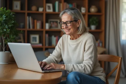 Femme assise &agrave; son bureau &agrave; domicile en train de taper