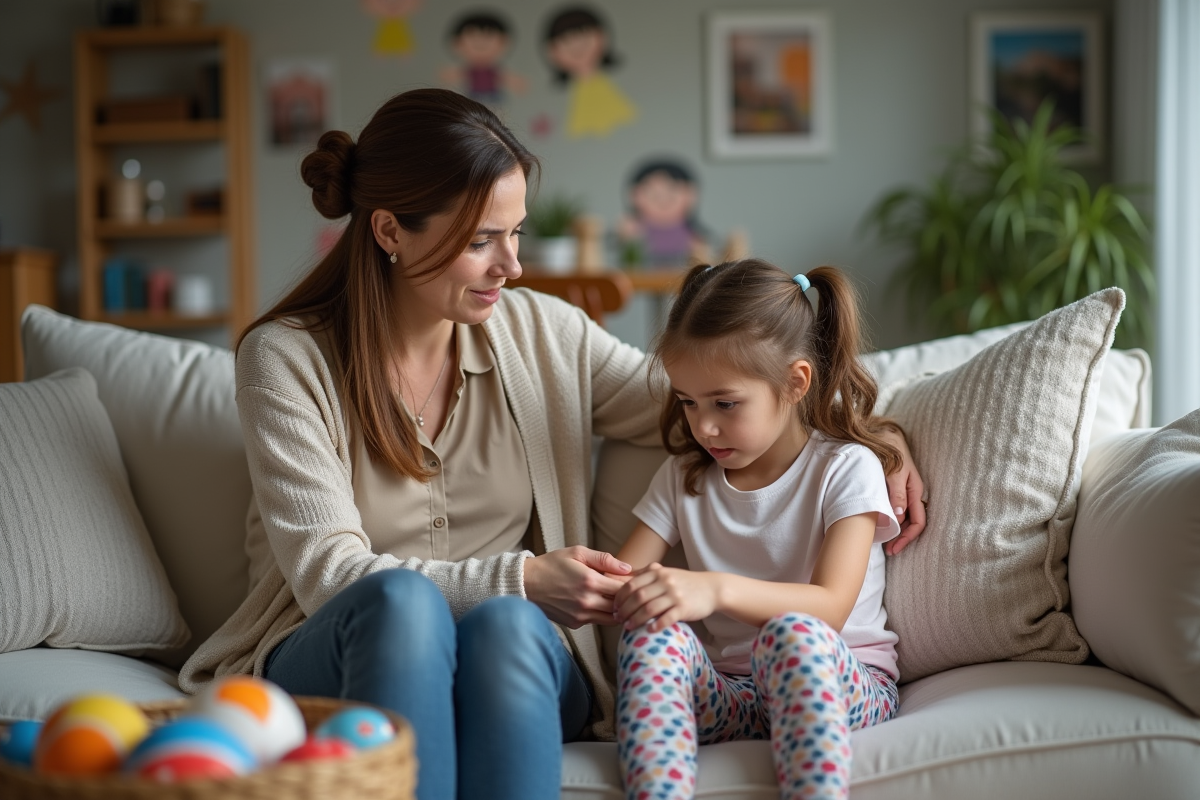 Fille de 9 ans réconfortée par sa mère d