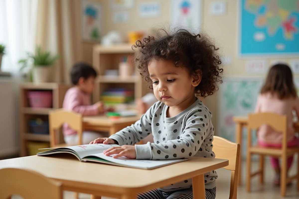 Jeune fille de deux ans lisant un livre dans une classe de crèche