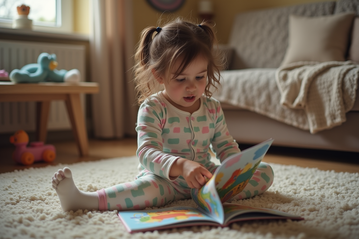 Fille de deux ans lisant un livre dans le salon familial