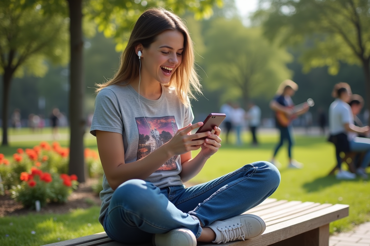 Jeune femme souriante avec téléphone dans un parc urbain