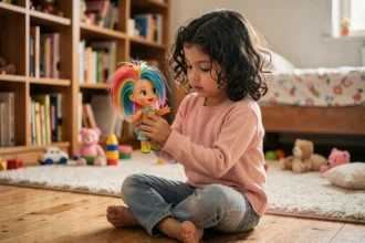 Fillette examinant une poupée inspirée de dessins animés aux traits exagérés dans sa chambre