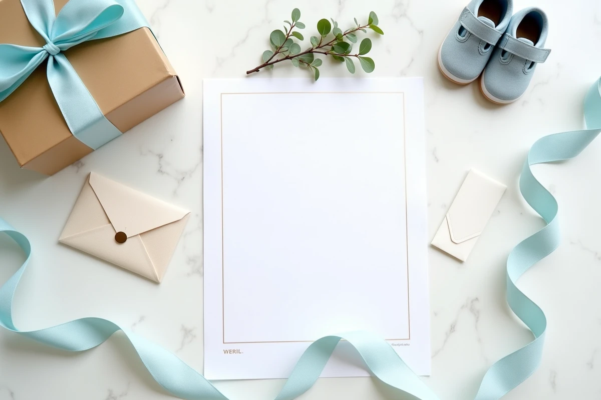 Flat lay d'une liste de cadeaux imprimée pour un baptême avec ruban pastel, eucalyptus et petits chaussons de bébé sur marbre blanc