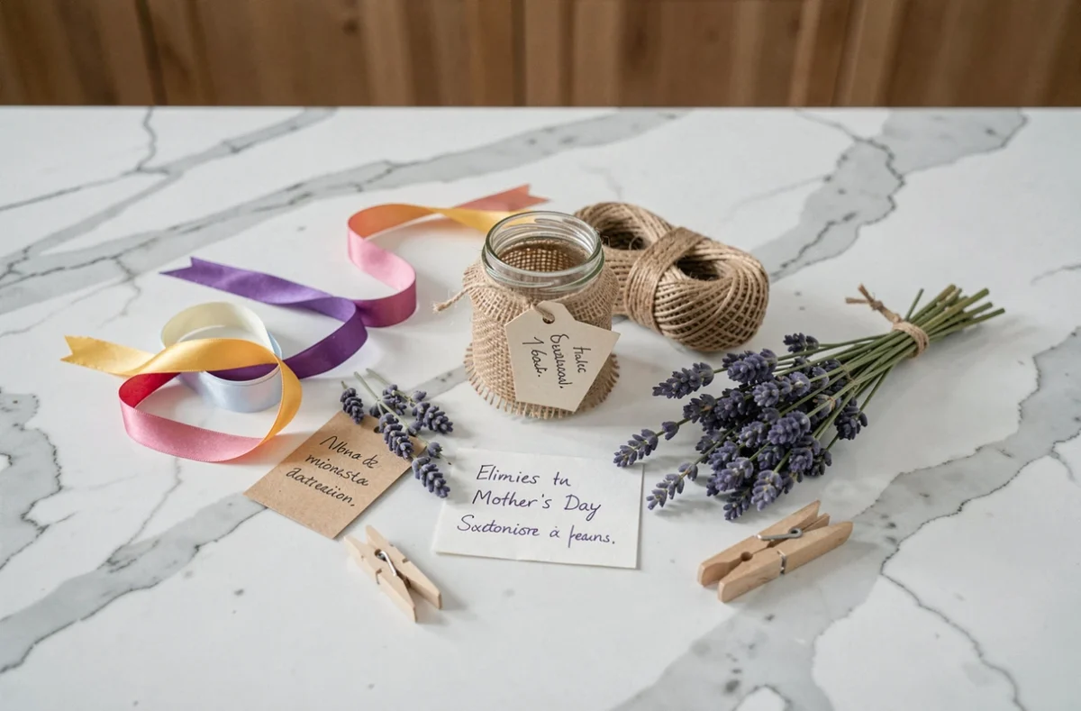 Flat-lay de matériaux simples pour bricolage fête des mères incluant rubans, lavande séchée et bocal décoré sur marbre blanc