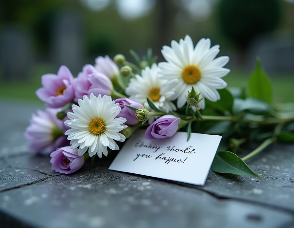 Bouquet de fleurs blanches et lavande déposé sur une pierre commémorative avec un message manuscrit pour une tante