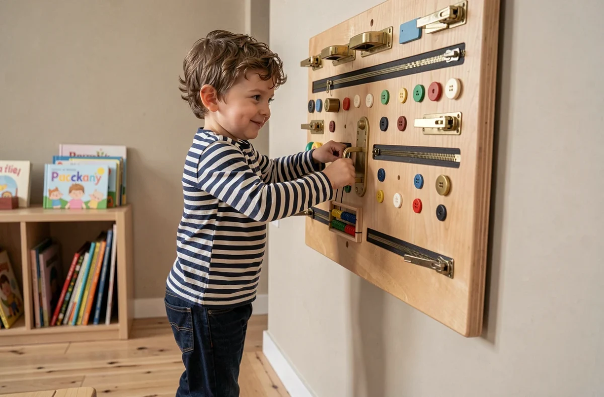 Garçon de 3 ans debout devant une busy board Montessori murale avec loquets et fermetures éclair dans une salle de jeux lumineuse