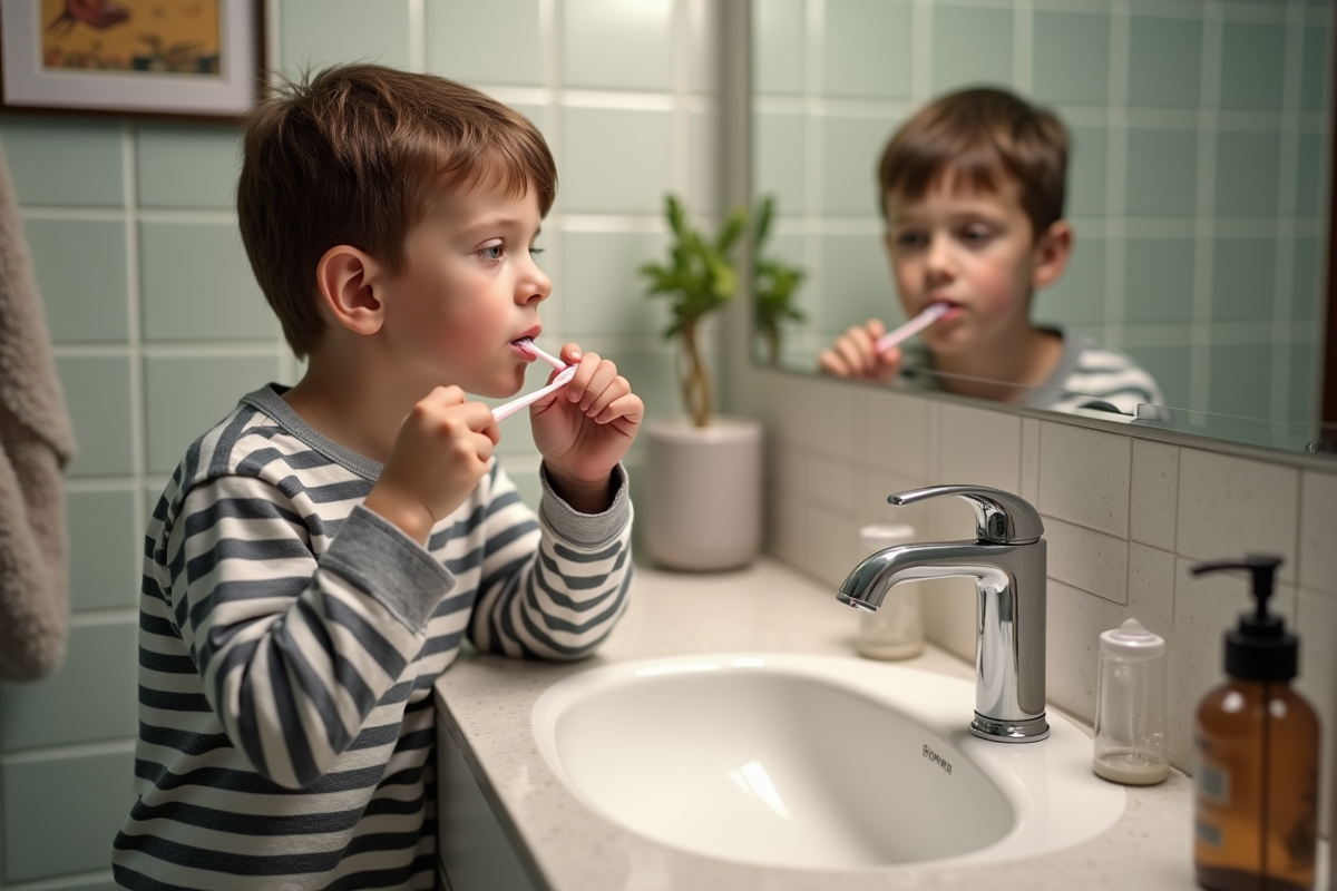 Garçon de dix ans se brosse les dents dans la salle de bain