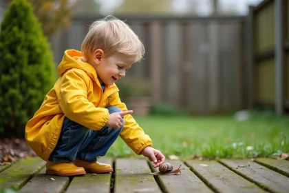 Garçon en imper jaune pointant un escargot dans le jardin