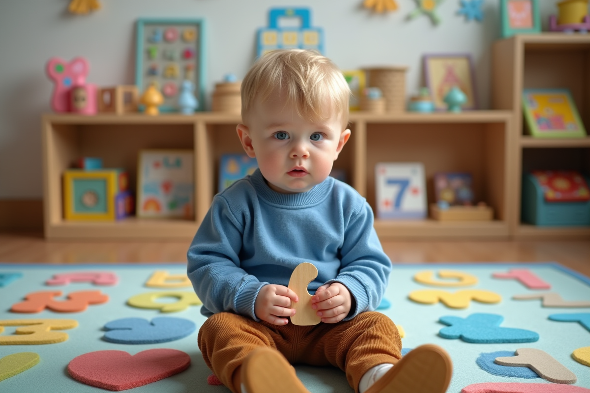 Jeune garçon en classe maternelle jouant avec un puzzle