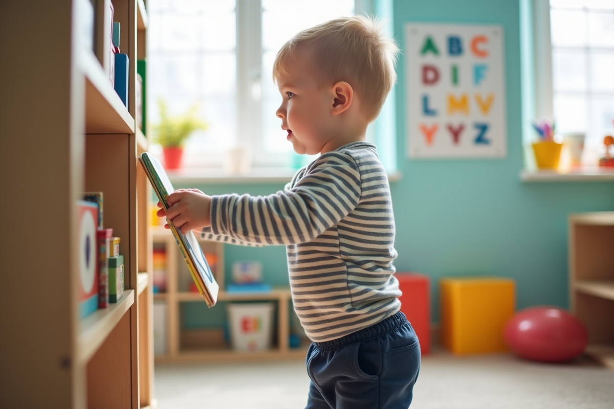 Garçon de deux ans atteint un livre dans une classe maternelle lumineuse